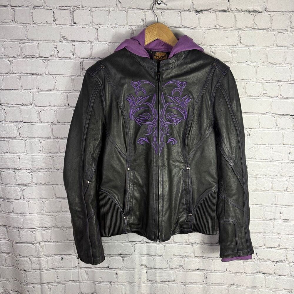 Milwaukee Leather Women's 3/4 Length Black and Purple Leather Hoodie Jacket Size